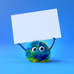 3d cute monster holding up a blank sign,colorful cartoon character,empty banner