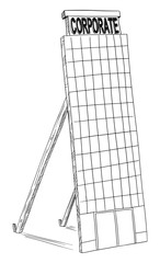 Vector cartoon black and white drawing of fake mock-up corporate building tower. Concept of superficial brilliance or glitz, gloss and gilt or facade and reality of business.