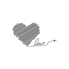 Plane and its track in the shape of a heart on white background. Vector illustration. Aircraft flight path and its route