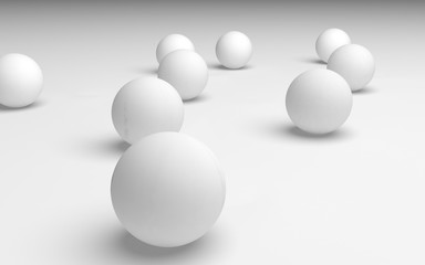 White abstract background. Set of white balls isolated on white backdrop. 3D illustration