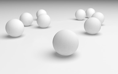 White abstract background. Set of white balls isolated on white backdrop. 3D illustration