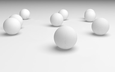 White abstract background. Set of white balls isolated on white backdrop. 3D illustration