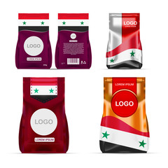 Foil food snack sachet bag packaging for coffee, salt, sugar, pepper, spices, sachet, sweets, chips, cookies colored in national flag of Syria. Made in Syria