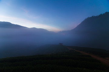 Obraz premium Silhouette mountain sunrise with fog