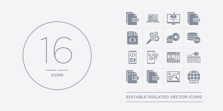 16 vector icons set such as hyperlink, image seo, java, js, keyboard and mouse contains landing page, mobile app, mobile development, mysql. hyperlink, image seo, java from programming outline icons