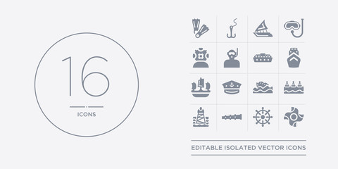 16 vector icons set such as boat screw, boat steering wheel, boat telescope, buoy, buoys contains capsizing, captain hat, caravel, cargo ship front view. screw, steering wheel, telescope from