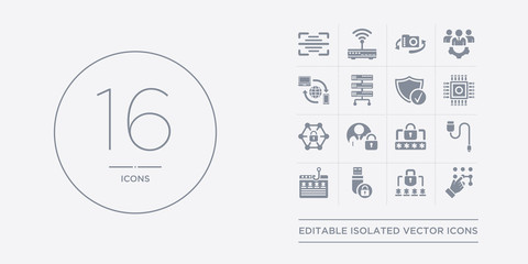 16 vector icons set such as passkey, password, pendrive security, phishing, phone cable contains pin code, privacy, private network, processor. passkey, password, pendrive security from internet