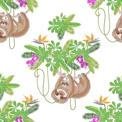 Wall murals Sloths Seamless Pattern with Sloths in Jungle