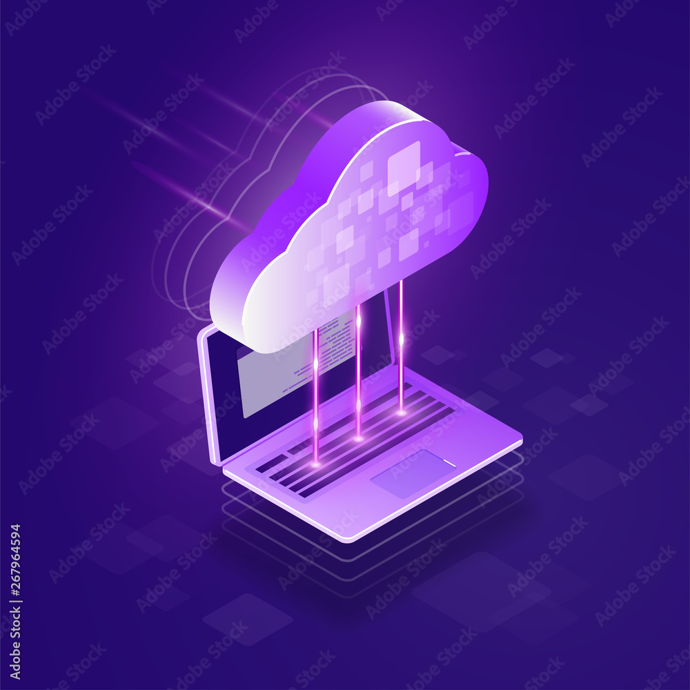 Poster cloud computing 3d isometric concept. the process of data exchange between the cloud and laptop. mod