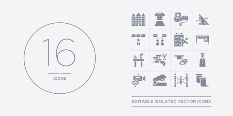 16 vector icons set such as sheet, sociology, stapler, streaming, student contains study, study tools, studying, teacher desk. sheet, sociology, stapler from e-learning and education outline icons