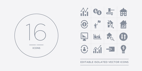 16 vector icons set such as spot market/spot price, square mile, stagflation, stakeholder pensions, stamp duty (equities) contains stamp duty (housing), standard & poor's 500 stock index, stock,