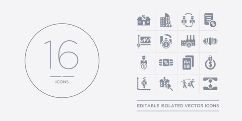 16 vector icons set such as horizontal merger, hostile takeover, house price surveys, hyperinflation, income protection insurance contains income statement, income tax, independent financial adviser