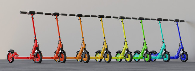 Bunte Gruppe E-Scooter geparkt in einer Reihe