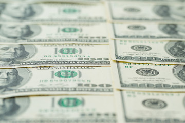 Background of one hundred dollar bills. Benjamin Franklin on USA money banknote	