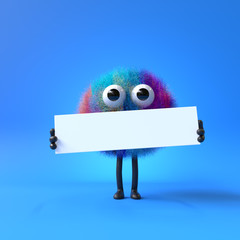3d cute monster holding up a blank sign,colorful cartoon character,empty banner