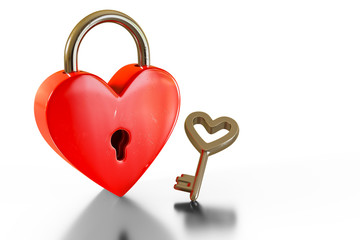 3d rendering of red heart-shaped padlock with key, isolated on white background with clipping paths.