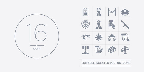 16 vector icons set such as law balance, law book, law paper, legal, legal paper contains libra, marijuana, murder, nightstick. balance, book, paper from and justice outline icons