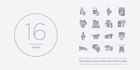 16 vector icons set such as hail on the car, health insurance, heart insurance, hospitalization, house insurance contains house for storms, house on fire, agent, for home of tornado. hail on the