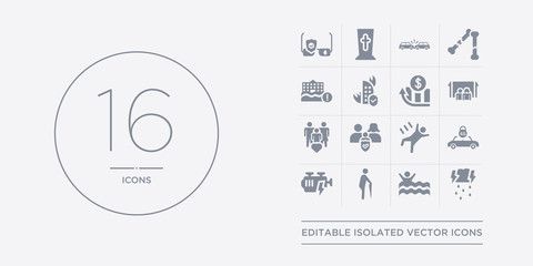 16 vector icons set such as disaster, drown, elderly, engine problems, excessive weight for the vehicle contains falling, familiar insurance, family care, family house. disaster, drown, elderly from