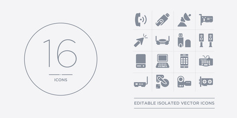 16 vector icons set such as gpu, handy cam, harddrive, hardware hotspot, keyboard wire contains keypad phone, laptop screen, local disk, loudspeakers. gpu, handy cam, harddrive from hardware outline