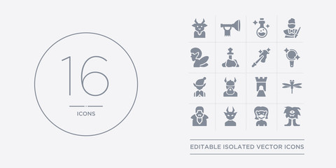 16 vector icons set such as cyclops, damsel, devil, dracula, dragonfly contains drawbridge, dwarf, elf, enchanted mirror. cyclops, damsel, devil from fairy tale outline icons