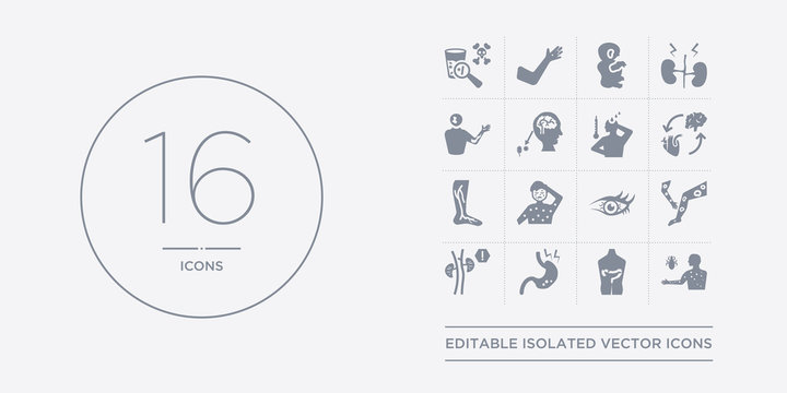 16 vector icons set such as typhus, ulcerative colitis, ulcers, uremia, urticaria contains uveitis, varicella, varicose veins, vasovagal syncope. typhus, ulcerative colitis, ulcers from diseases