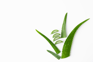 Aloe vera leaves and slices on white background, space for text. Natural treatment - obrazy, fototapety, plakaty