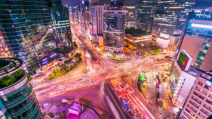 Seoul city and Traffic at niaht intersection in Gangnam, South Korea.