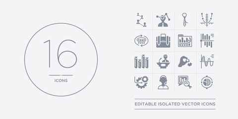 16 vector icons set such as round value chart, search analytics, service, setting flow interface, sine waves analysis contains solution, speech, statistics, stock data analysis. round value chart,