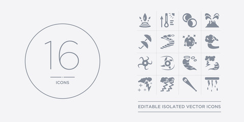 16 vector icons set such as thaw, thermometer, thunderbolt, thundersnow, thunderstorm contains tornado, tropical cyclone, tropical storm, tsunami. thaw, thermometer, thunderbolt from weather outline