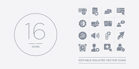 16 vector icons set such as account, add, add user, alarm clock, arrow contains attachment, audio, back, wifi. account, add, user from webnavigation outline icons