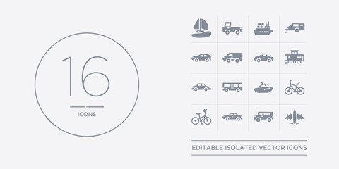 16 vector icons set such as aeroplane, airport shuttle, automobile, bicycle, bike contains boat, bus, cab, caboose. aeroplane, airport shuttle, automobile from transportation outline icons