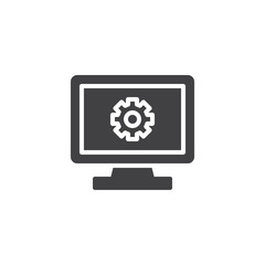 Computer setup vector icon. Software development filled flat sign for mobile concept and web design. Monitor with gear glyph icon. Symbol, logo illustration. Pixel perfect vector graphics