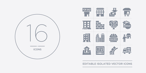 16 vector icons set such as moving truck, neighborhood, plans, real estate, realtor contains rent,  , skyscrapper, sold. moving truck, neighborhood, plans from real estate outline icons