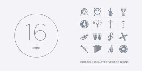 16 vector icons set such as cd, cello, chimes, clarinet, clave contains clef, conga, cornet, cymbal. cd, cello, chimes from music outline icons