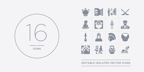 16 vector icons set such as poetry, porcelain, portrait, quill, relics contains roman or greek helmet, sarcophagus, sculpture, security guard. poetry, porcelain, portrait from museum outline icons