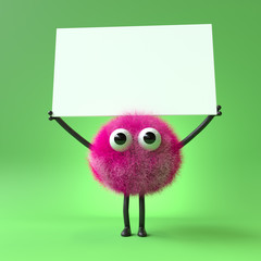 3d cute monster holding up a blank sign,colorful cartoon character,empty banner