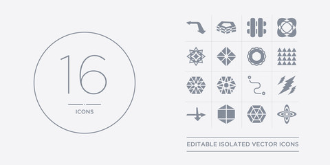 Naklejka premium 16 vector icons set such as hexagon, hexahedron, icosahedron, intersection, lightning bolt polygonal contains line segment, metatron cube, multiple triangles inside hexagon, multiple triangles