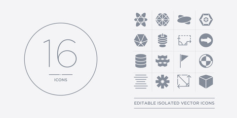 16 vector icons set such as 3d cube, angle, asterisk, center alignment, circle contains corner, cubes, cylinder, diameter. 3d cube, angle, asterisk from geometry outline icons