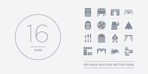 16 vector icons set such as wall shelves, rugs, table linens, cabinets, card table contains glassware, linens, silverware, lamps. wall shelves, rugs, table linens from furniture and household