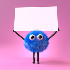 3d cute monster holding up a blank sign,colorful cartoon character,empty banner © Jane