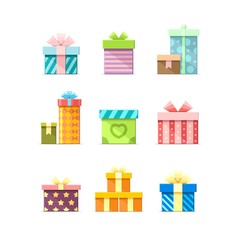 9 Colorful vector flat boxes with ribbons isolated on white background. Package, gift, present, happy birthday, party box icons set 3