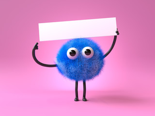 3d cute monster holding up a blank sign,colorful cartoon character,empty banner