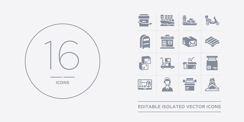 16 vector icons set such as ocean transportation, open box, operator, order, package contains package checking, package on trolley, packages, pallet. ocean transportation, open box, operator from
