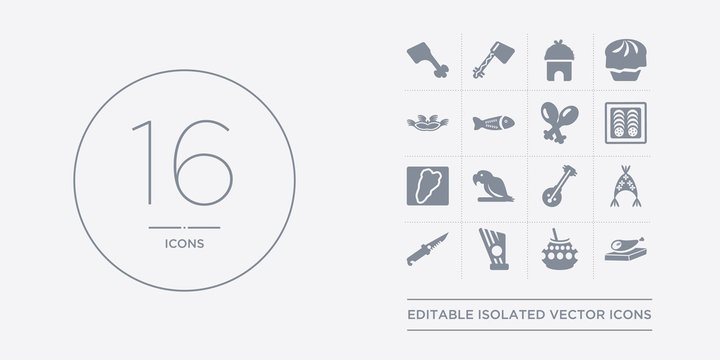16 vector icons set such as jam&oacute;n serrano, kalabas, kankles, knife in sheath, kokoshnik contains kora, macaw on a branch, maletsunyane, mantecados. jam&oacute;n serrano, kalabas, kankles from spanish food