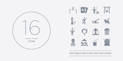 16 vector icons set such as magic ball, magic hat, merry go round, mime, pop corn contains ride, ring of fire, ringmaster, rodeo. magic ball, hat, merry go round from circus outline icons