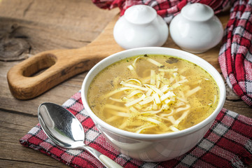 Broth - chicken soup in a bowl.