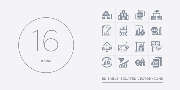 16 vector icons set such as budget, buildings insurance, bull market, business cycle, buy-out contains buy-to-let mortgage, cac 40 index, carry trade, cbi industrial trends. budget, buildings