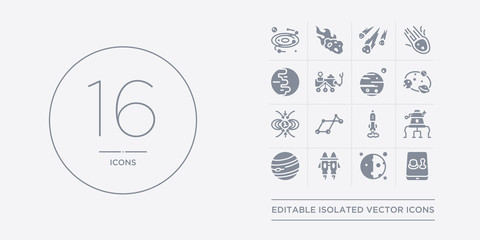 16 vector icons set such as generator, half moon, jet pack, jupiter, lander contains liftoff, lyra constellation, magnetic field, magnitude. generator, half moon, jet pack from astronomy outline © t-vector-icons