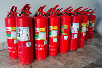 Red tanks of  Chemical fire extingusher  were lined up waiting to check its performance before...